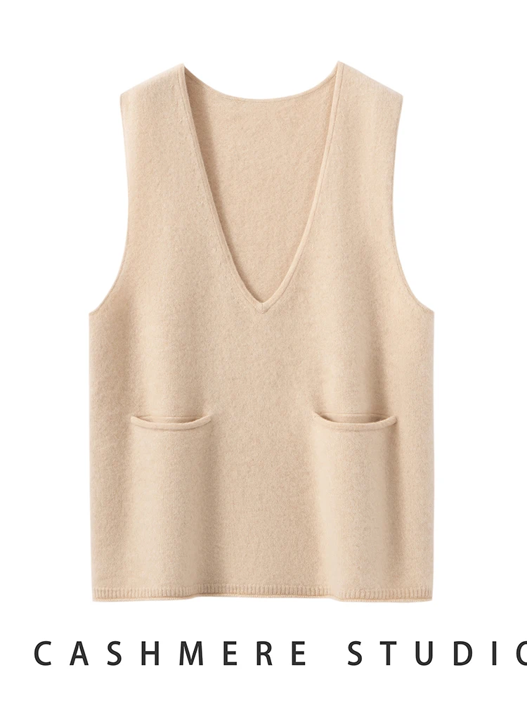 

Women 100% Cashmere Knitwear Vest Autumn Winter Thick Loose Pullover Soft Warm Cashmere Sweater Sleeveless Pockets Long Vest
