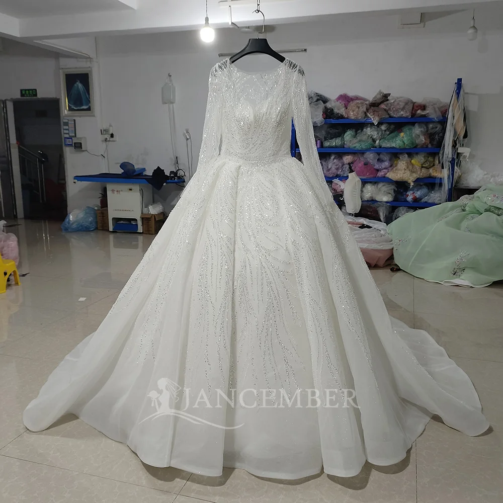 

New Arrivals O-Neck Open Back Long Sleeve Shiny Princess Ball Gown Wedding Dresses With Court Train vestidos de novia boda