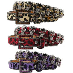 Leopard print skull Women's Rhinestone Belts Western Crystal Diamond Shining Square buckle Belt 2.3cm Wide for Dress Jean Pants