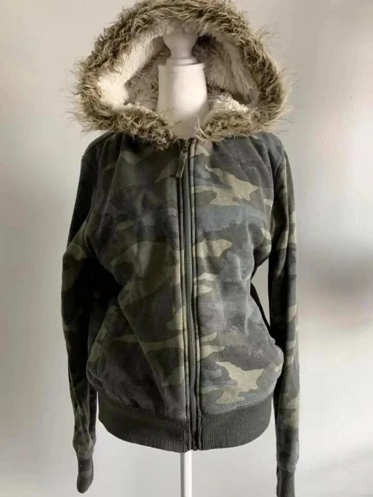 Grey Faux Fur Wool Double Zipper Jacket Hoodies Women's Slim Waist Hooded Vintage Y2k Coats Ropa Mujer Casual Fashion Sweatshirt