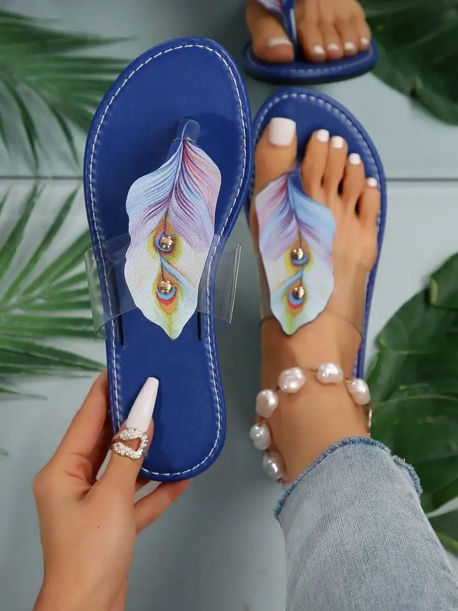 

Women's Flat Slippers, Summer New Fashion Feather Print Flip Flops, Versatile Beach Sandals