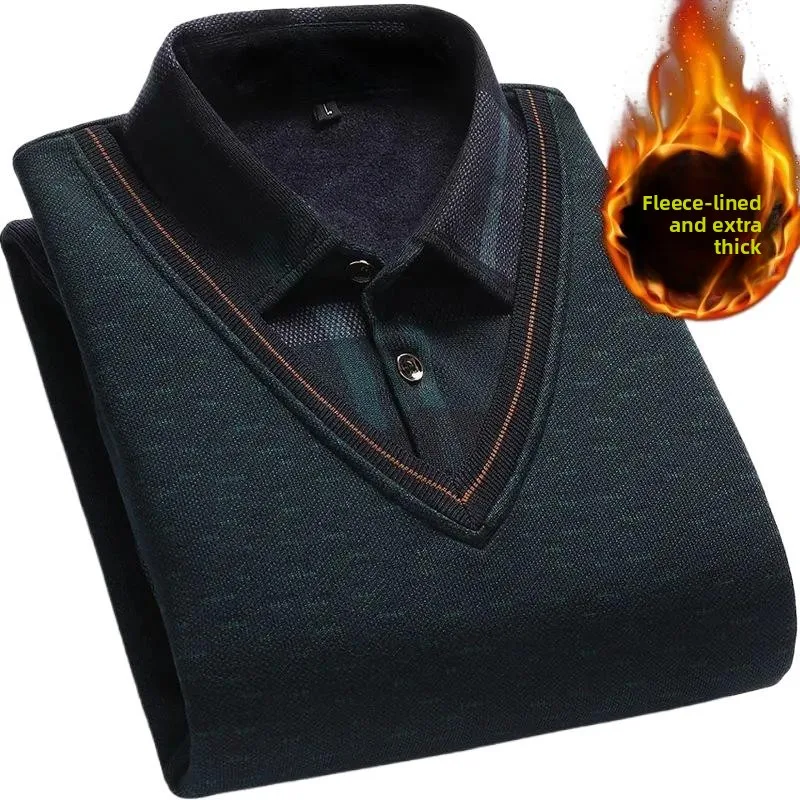 Thiened Fce Long Sve Knitted Sweater Fake Two-Piece Men's irt Collar Base irt Warm Top for Middle-Aged And ly