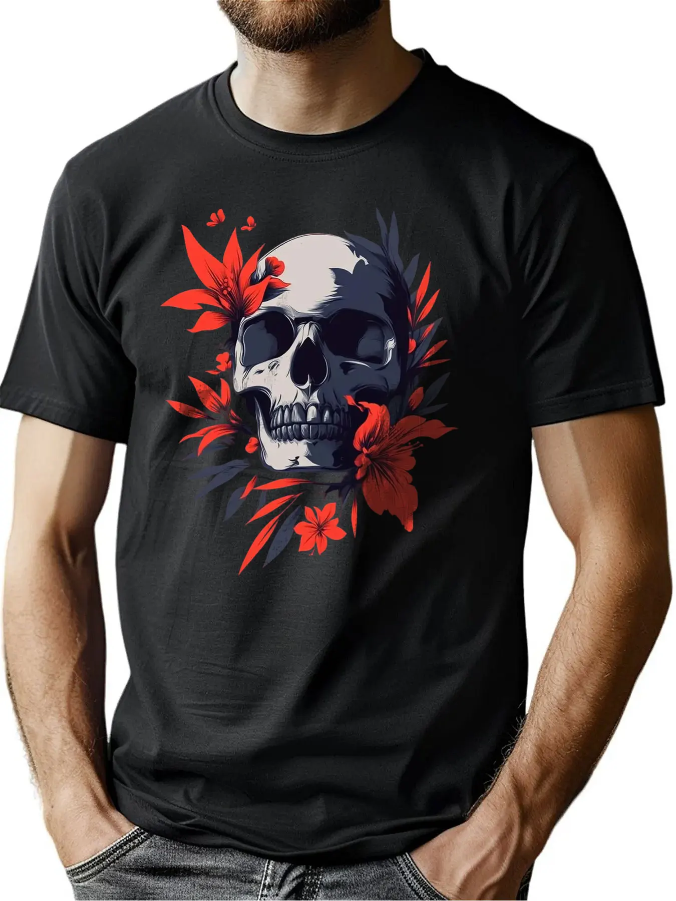 

Premium Cotton Men's Crew Neck Tee With Skull Floral Print Halloween Gift Everyday Outdoor Comfort Machine Washable For Men