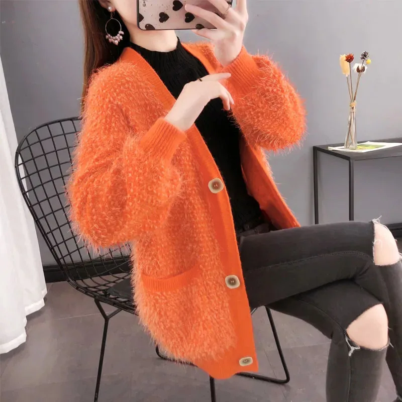 Bright Silk Knitwear Cardigan Women\'s Spring Autumn New Loose Thick Sweater Jacket Female Casual Knitted Sweaters Coat Trend 3XL