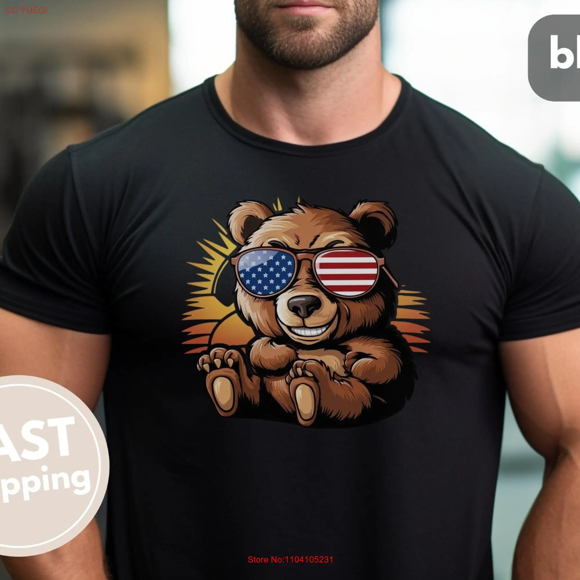 Cute Patriotic Bear T Shirt Funny with Sunglasses 4th of July Independence Day American Pride Merica