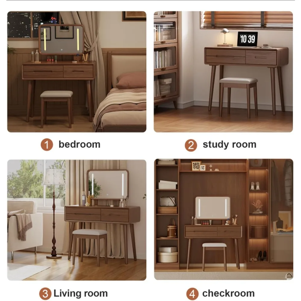 طاولة مكياج خشبية طبيعية مع مرآة مضاءة، طاولة تزيين خشبية صلبة مع 3 أوضاع إضاءة سطوع قابل للتعديل