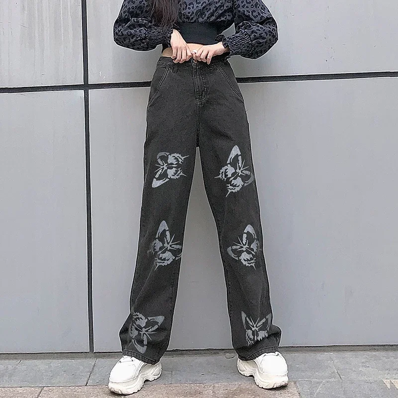 

New Butterfly Pattern Loose Denim Pants Ladies Korean Fashion High Waist Wide Leg Pants Casual Loose Oversize Streetwear