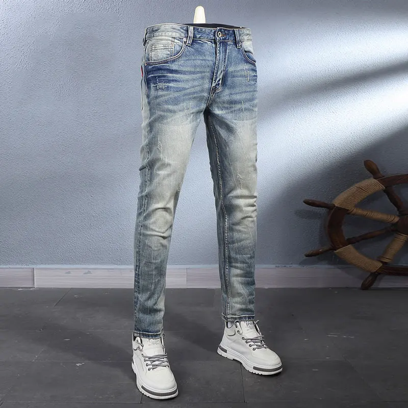 

Newly Designer Fashion Men Jeans Retro Light Blue Stretch Slim Fit Ripped Jeans Men Italian Style Vintage Denim Pants Hombre