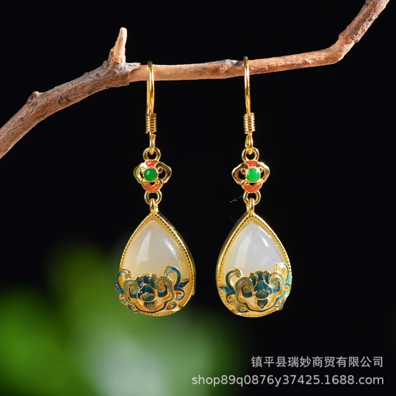 

Natural Hetian Silver Jade Tassel Earrings Hanfu Jewelry Style