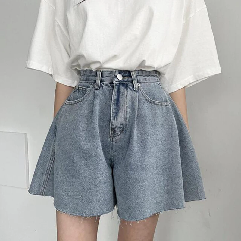 High Waist Wide Leg Loose Denim Shorts For Women 2024 Summer New Arrivals Korean Style Streetwear Blue Jeans Shorts With Pockets