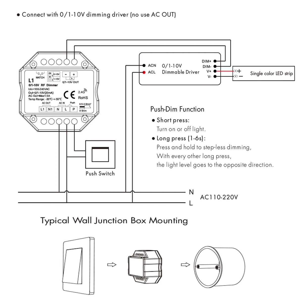 AC100-240V 1CH 0/1-10V WiFi & RF Push Dimmer Tuya Wifi Smart Control 2.4G R11 RF Touch Diming Remote App Voice For Alexa Google