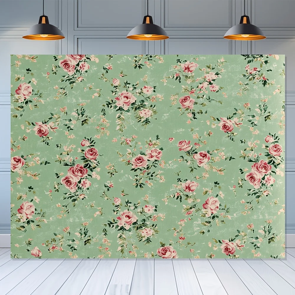 1-teiliger Vintage-Hintergrundstoff aus floralem Polyester mit grünem Rosenmuster, multifunktionaler Partydekoration