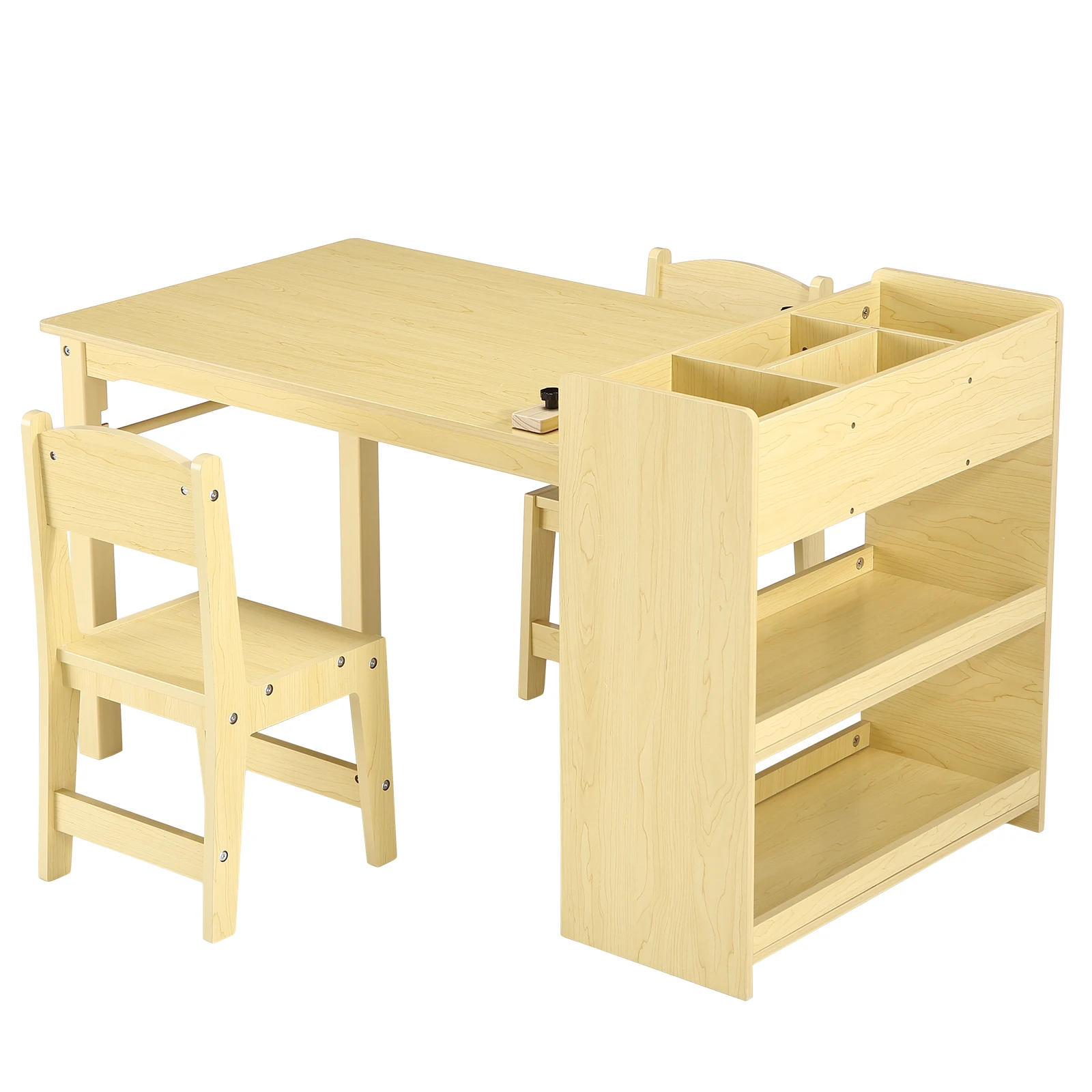 

Kids Art Table and 2 Chairs, Toddler Craft Drawing Desk with Large Open Shelves and Top Compartment, Kids Activity