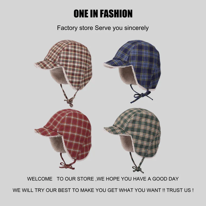 

Windproof Thermal Aviator Ski Hat with Ear Flaps Plaid Lamb Wool Winter Beanie