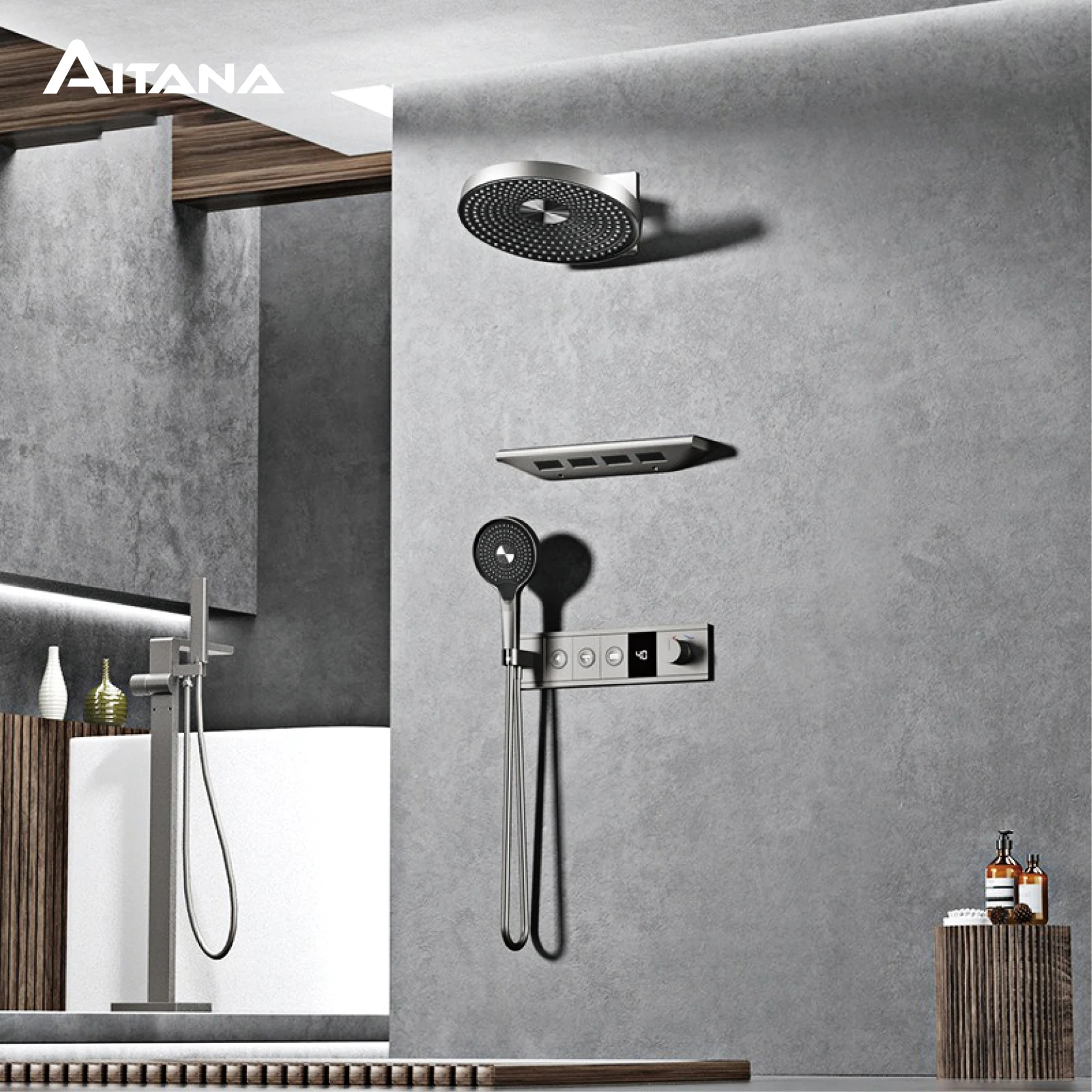 

Luxury Bathroom Gunmetal Brass 3-Function LED digital Display Shower System Wall-Embedded Rainfall showerhead Bath Fixtures