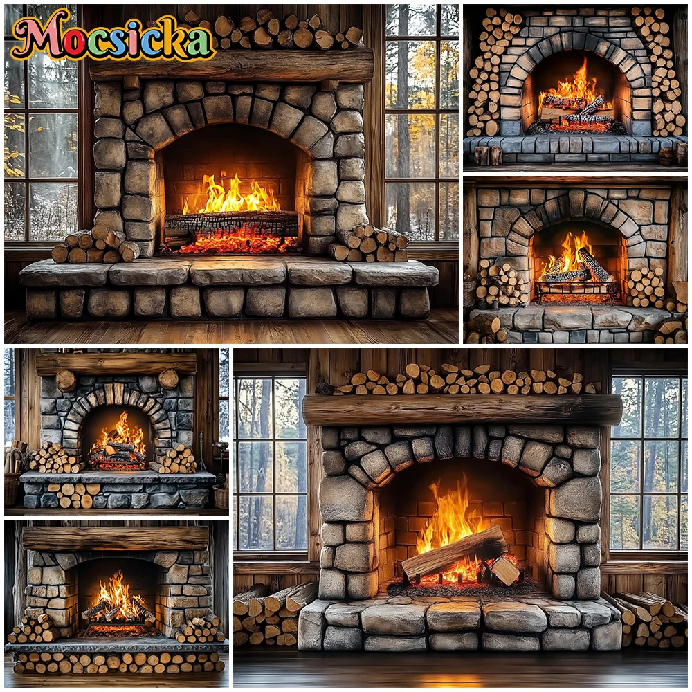 

Mocsicka Merry Christmas Fireplace Backdrop New Year Party Wooden House Stone Stove Decoration Background Studio Props Wallpaper