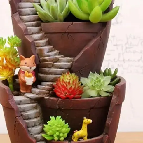 Resin Hanging Flower Container Featuring Fantasy City Artwork and Practical Drainage Design 15x14.5x28cm Brown