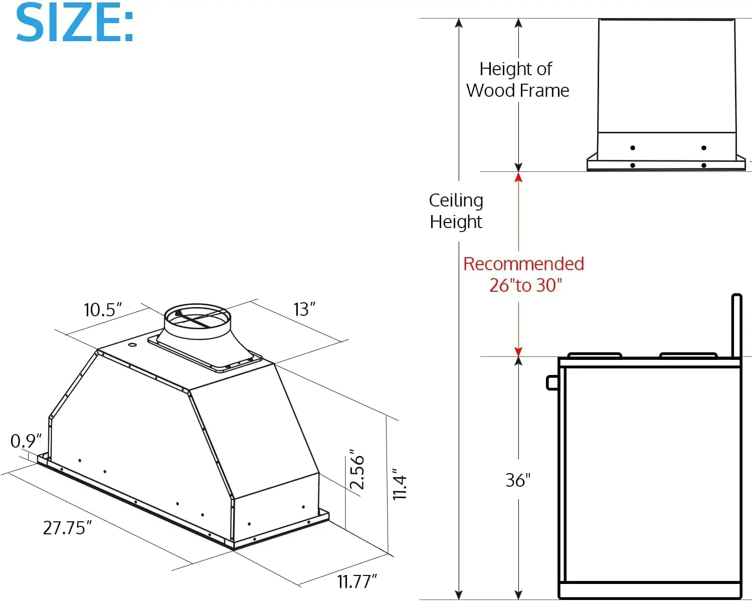 30 inch Built-in/Insert Range Hood 900 CFM, Ducted/Ductless Convertible Duct, Stainless Steel Kitchen Vent Hood with 4 Speed