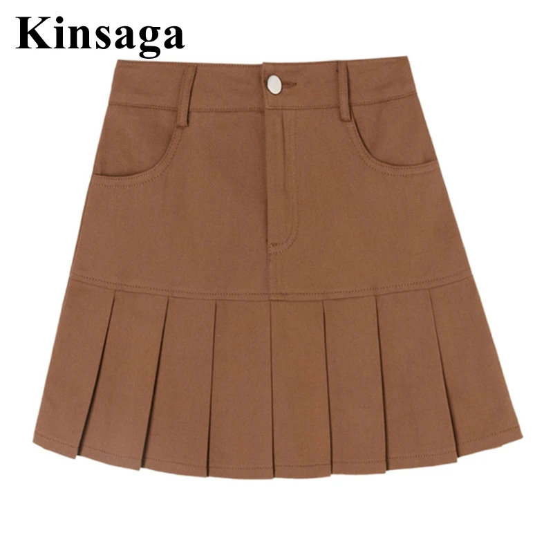 

Fairy High Waist Brown Denim Pleated Mini Skirt 4XL Summer Vintage Retro Girl Punk Ruffles A Line Package Hip Kawaii Skirt Y2K