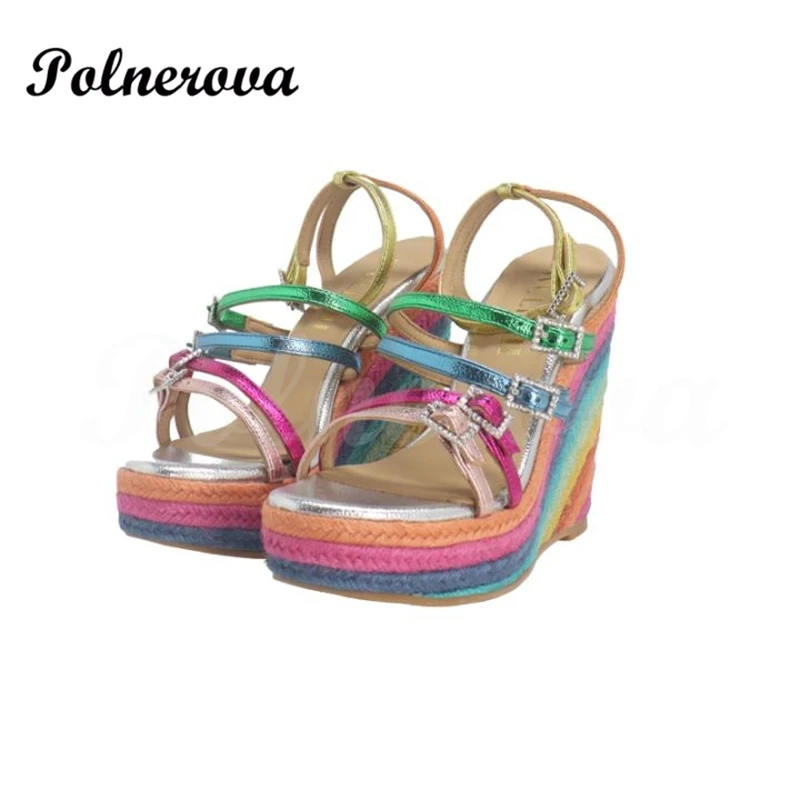 Rainbow Print Espadarille Wedge Sandals Platform Genuine Leather Strap Crystal Buckle Sandals Hollow Slingback Shoes for Women