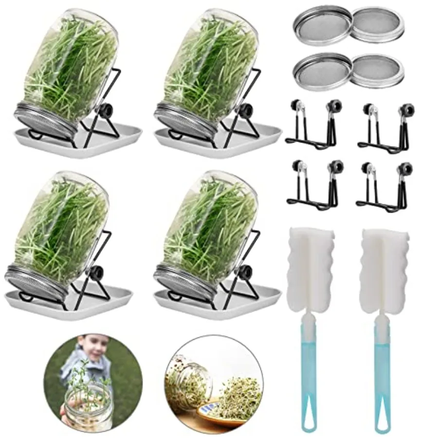 

4 Sprouting Jar Kit, Wide Mouth Quart Mason Jars with Stainless Steel Screen Sprout Lids, 86mm, 1000ml, Stand, Tray and Canning