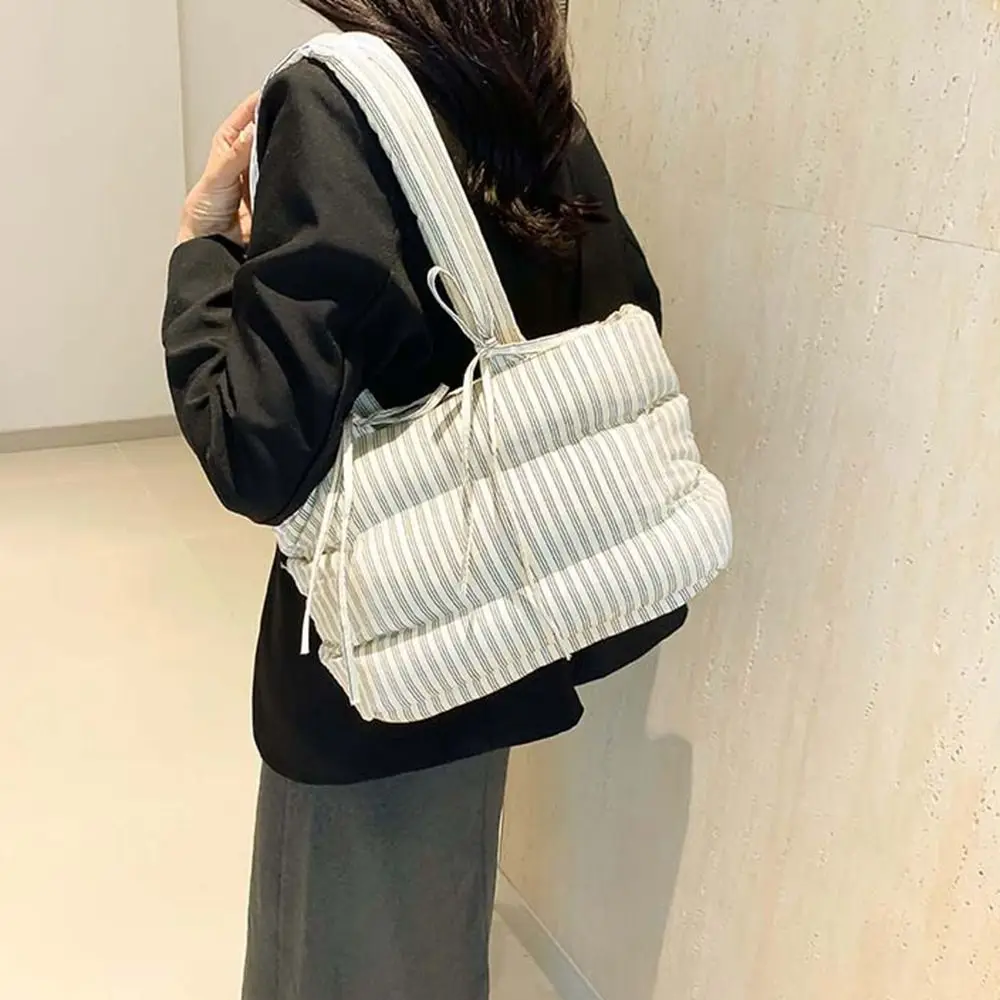 Cute Korean Style Space Cotton Tote Bag Bowknot Stripe Cloud Bag Solid Color Large Capacity Down Shoulder Bag Office Worker