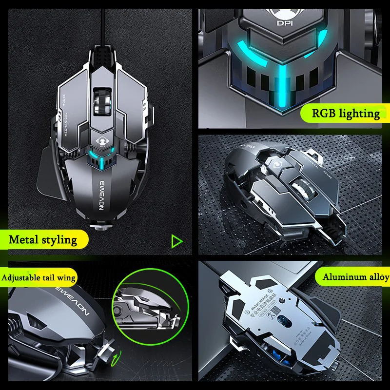 Mechanical Metal Gaming Mouse Wired Ergonomic RGB Backlit Game Mouse 12800 DPI Optical USB Mause Computer Mouse For Desktop PC