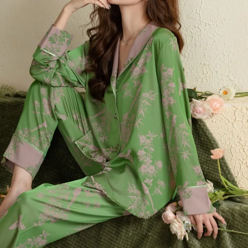 Women\'s Pajamas Sets Spring Autumn 2 Piece Print Pyjama Faux Silk Satin Sleepwear Long Sleeve Button Pijama Mujer Pjs Homewear