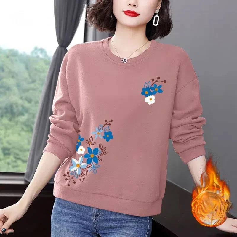 Office Lady Lantern Long Sleeve Plant&Flowers Printing Round Neck Women's Clothing Pullover Casual Autumn Winter Hoodies Tops