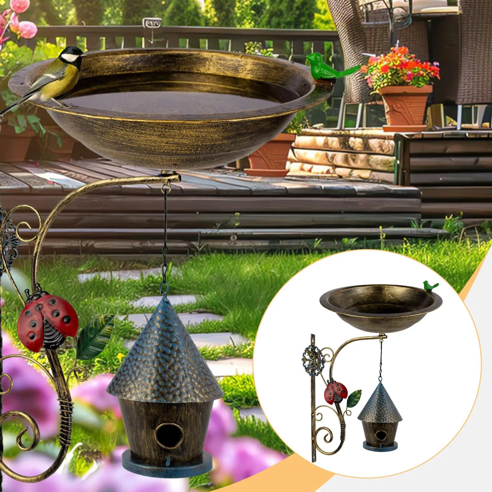 

Tree Mount Bird Bath Bowl with Hanging Bird House Garden Tool Metal Feeder Bowl for Lawn Wooden Fence Backyard Outdoor Yard Art