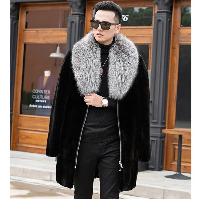 

Autumn Winter Long Fur Coat Men Pocket Zipper Faux Fur Coat Big Fur Collar Long Sleeve Thickened Warm Luxury Brand Jackets