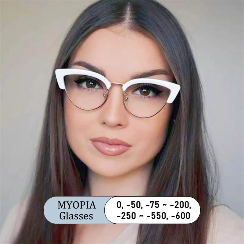 

Новые модные женские очки с защитой от синего света «кошачий глаз», очки для близорукости по рецепту 0 ~-600, очки для близорукости, белая оправа