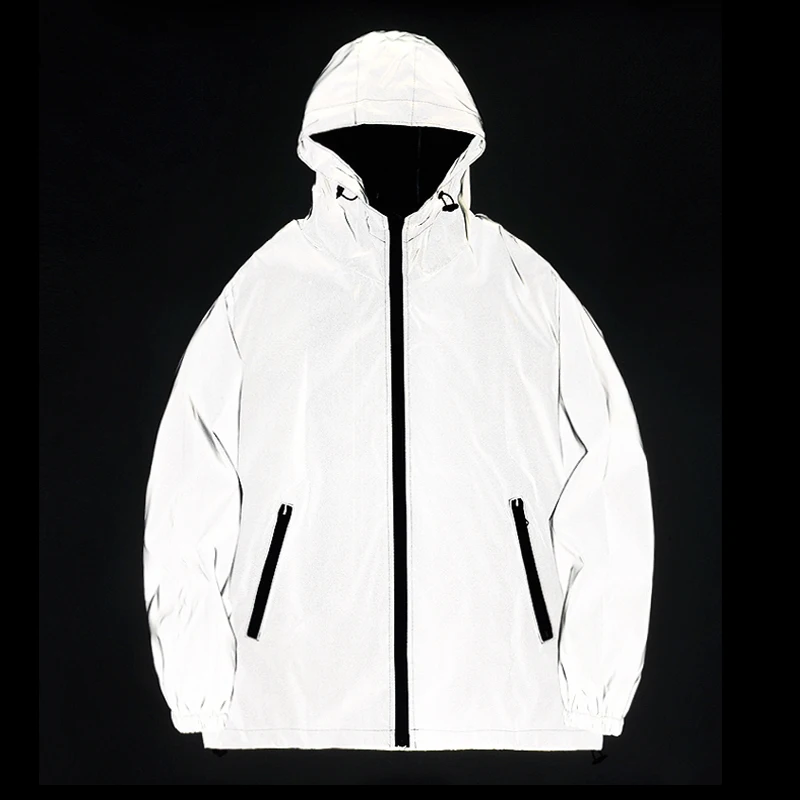 

NEW SIZE Night Reflective Jackets Double Fabric Windbreaker Hooded Jacket Men Hip Hop Dancer Waterproof Zipper Coats Outwear