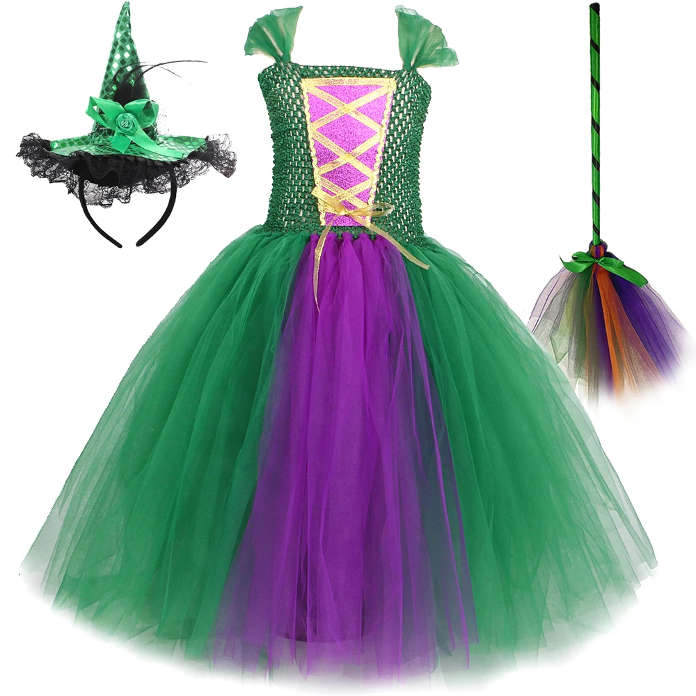 Hocus Pocus 2 Costumes for Girls Kids Halloween Witch Long Fancy Dress Sanderson Sisters Tutu Outfit Ball Gown with Cape Broom