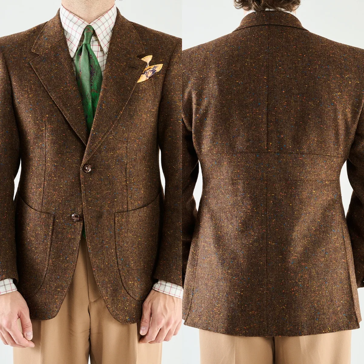 Classic Brown Salt and Pepper Tweed Blazer with Notch Lapel and Patch Pockets Men Autumn Vintage Suit Jacket Customized M266627