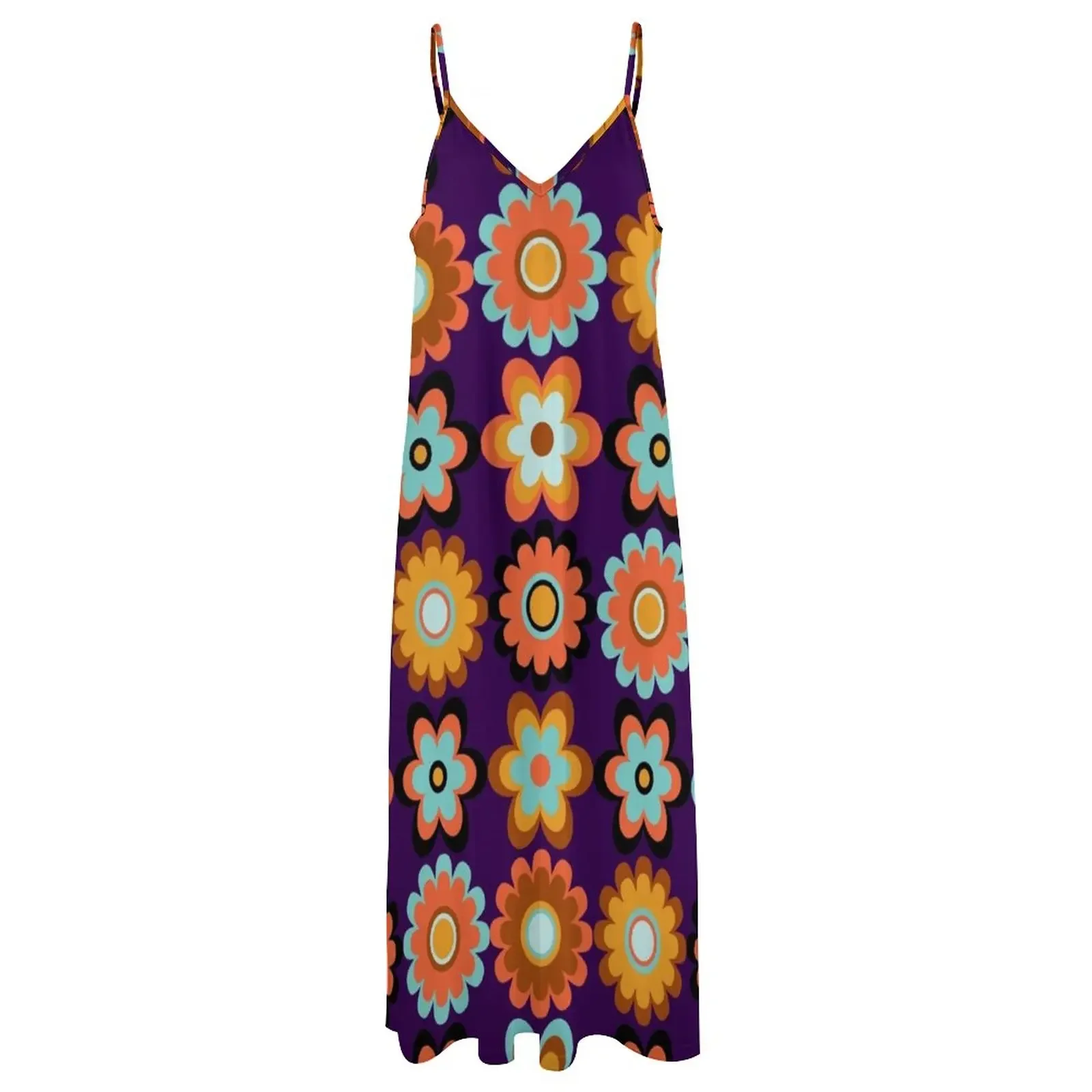 Retro 60s 70s - Hippie Flowers On Dark Violet - Vintage Boho Floral Pattern Sleeveless Dress elegant women's sets