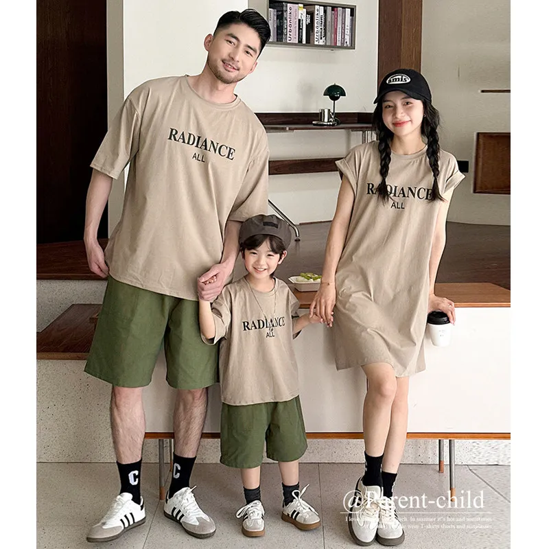 Family Fashion Clothes Dad and Son T Shirts Shorts Outfits Mom and Child Matching Otifits Korean Mother and Daughter Girl Dress