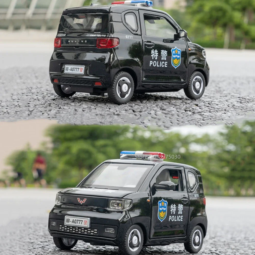 1:24 Alloy Die Cast Model Car Toy WULING MINI EV Police Vehicles 4 Doors Can Be Opened Pull Back with Car Kid Toy Birthday Gifts