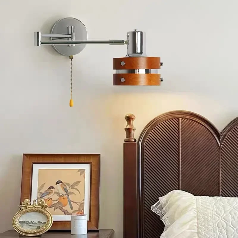 Vintage Iron Wood LED Wall Lamp Folding Rocker Arm Wall Light Bedroom Room Decor Loft Stair Living Bathroom Lighting