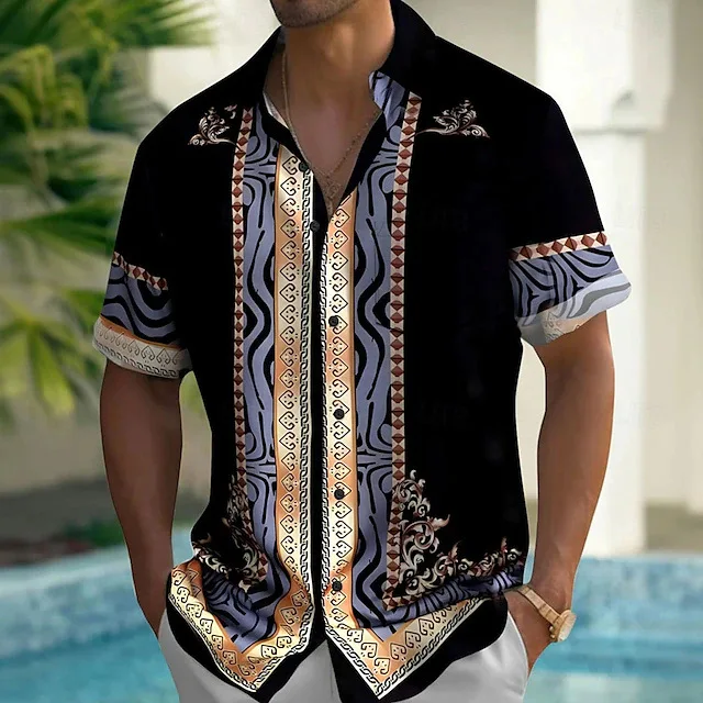 Men's summer light and breathable 3D printed short-sleeved shirt simple and fashionable business lapel button top vacation beach