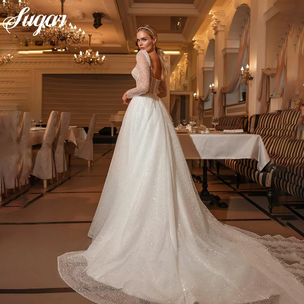 New Arrival Shiny Sweetheart Princess Wedding Dresses Long Sleeve Glitter Tulle Boho Bride Dresses Vestidos de novia 2022