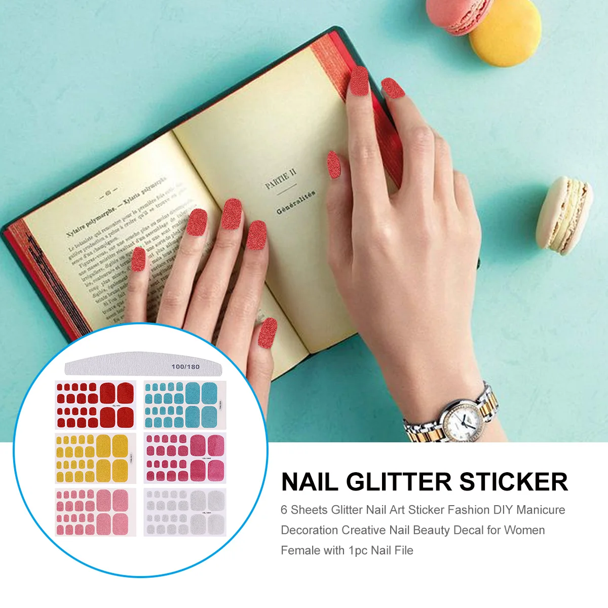 

6 Sheets Glitter Nail Art Stickers Beauty Decal Manicure nament DIY Decoration Supplies Lightweight Durable Artificial Nails