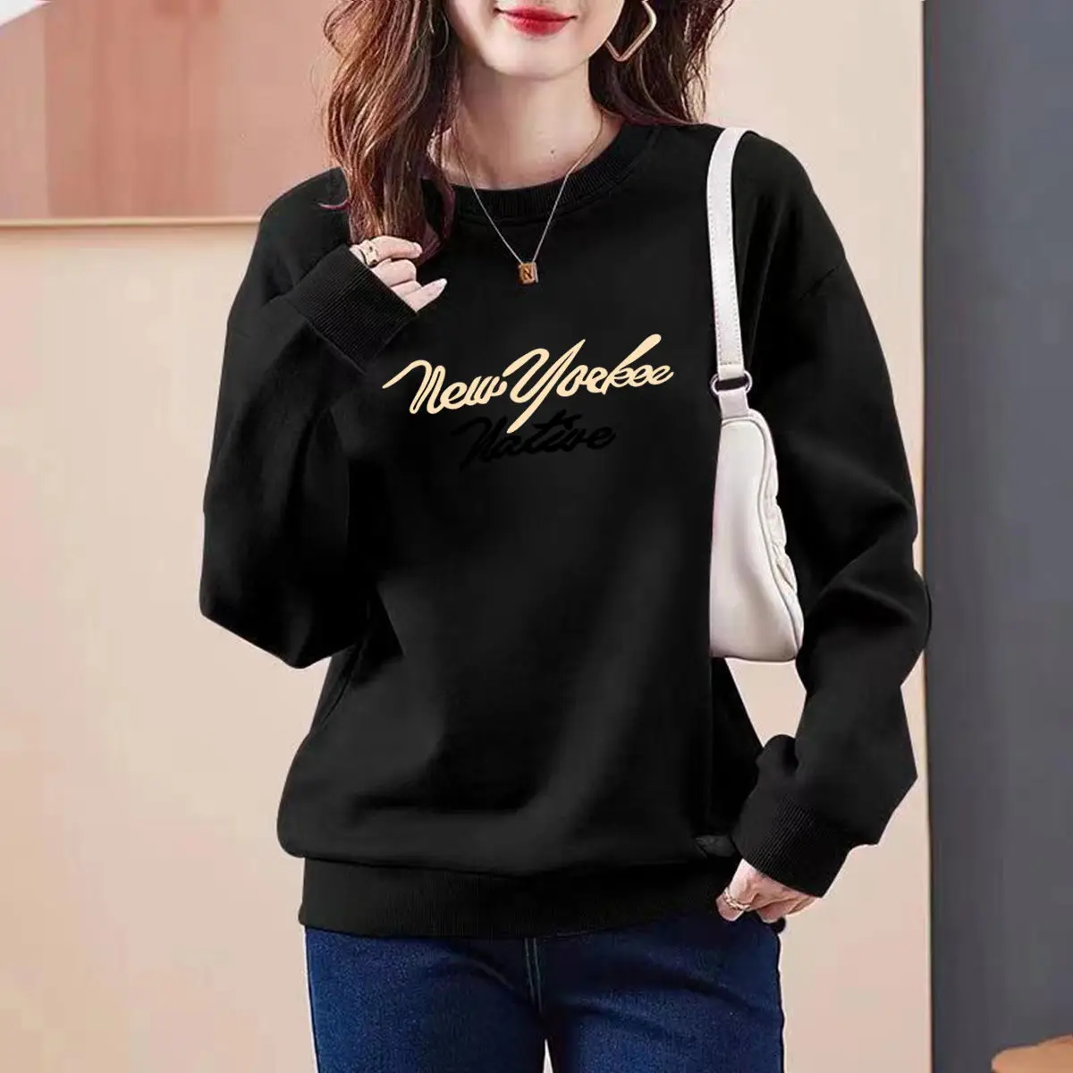 All-match Lantern Long Sleeve Letter Printing Round Neck Pullover Women's Clothing Casual Loose Elegant Spring Autumn Tops