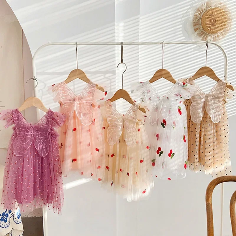 Summer New Girls Little Flying Sleeve Dress Children Cherry Embroidery Mesh Princess Dress Baby Girl Birthday Party Dress 1-5Yrs