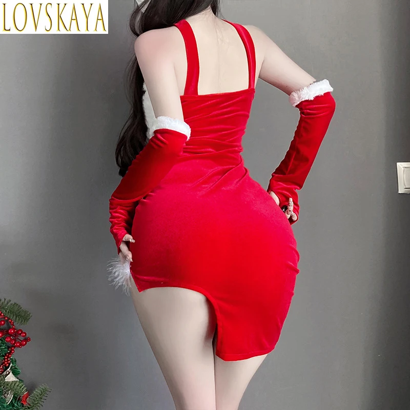 Christmas Dress Velvet Bow Asymmetric Bottom Strap Dress+Headband+Gloves New Year Party Santa Claus Role Playing Costume