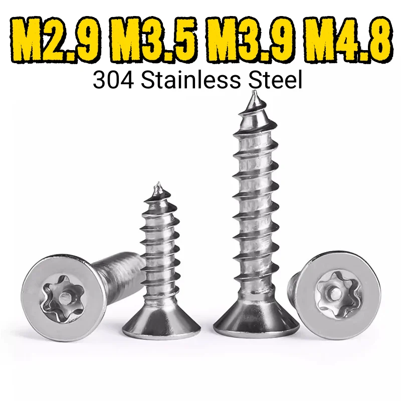 304 Stainless Steel M2.9 M3.5 M3.9 M4.8  Pin Six Lobe Torx Flat Countersunk Head Tamper Proof Security Self Tapping Screws