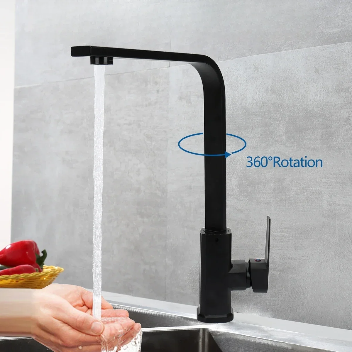 Black Square Kitchen Faucet Chorme Hot And Cold Kitchen Sink Tap 360 Degree Rotation Mixer Deck Mounted Water Tap