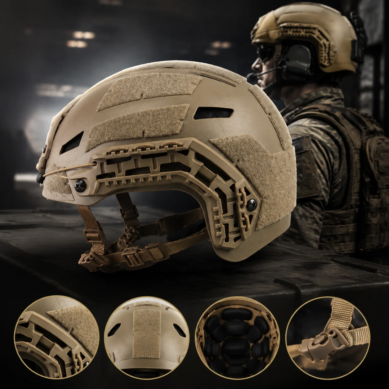 casque-tactique-leger-pour-l'entrainement-a-l'airsoft-avec-systeme-de-suspension-reglable-fixation-laterale-sur-rail-arc-equipement-militaire