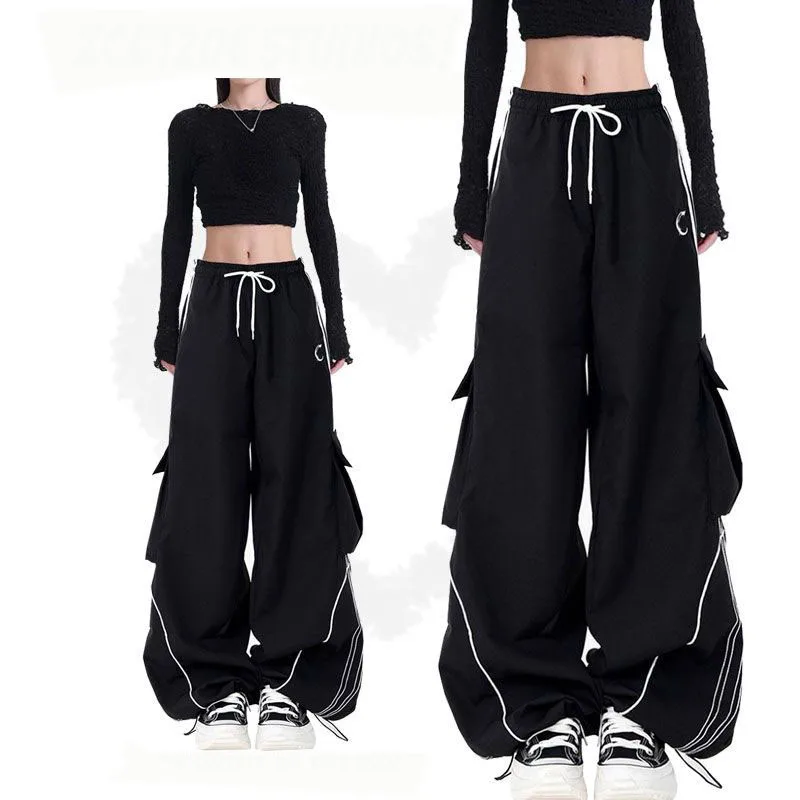 Y2K Black Striped Women Cargo Pants Korean Fashion Wide Leg Baggy Trousers Streetwear Autunm Harajuku Hip Hop Oversized Loose