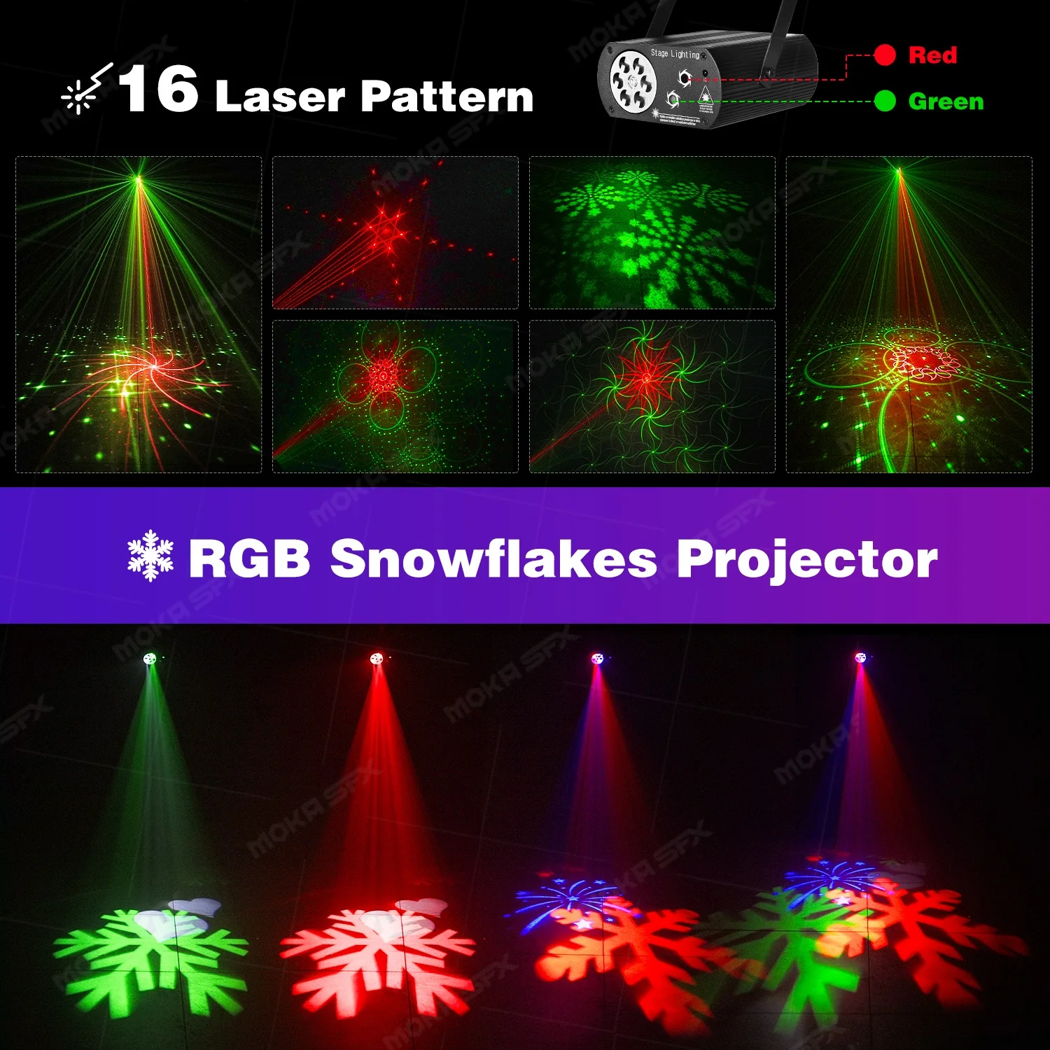 MOKA DJ Party Light Snowflakes Laser Light 16 Patterns Remote Control LED Disco Lighting for Christmas Halloween